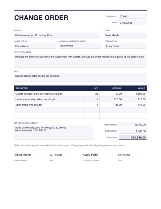Preview of the change order template, filled in with example details