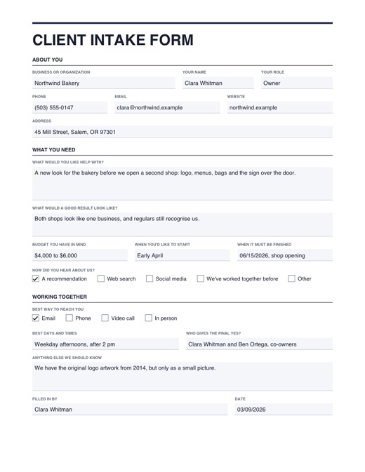 Preview of the client intake form template, filled in with example details