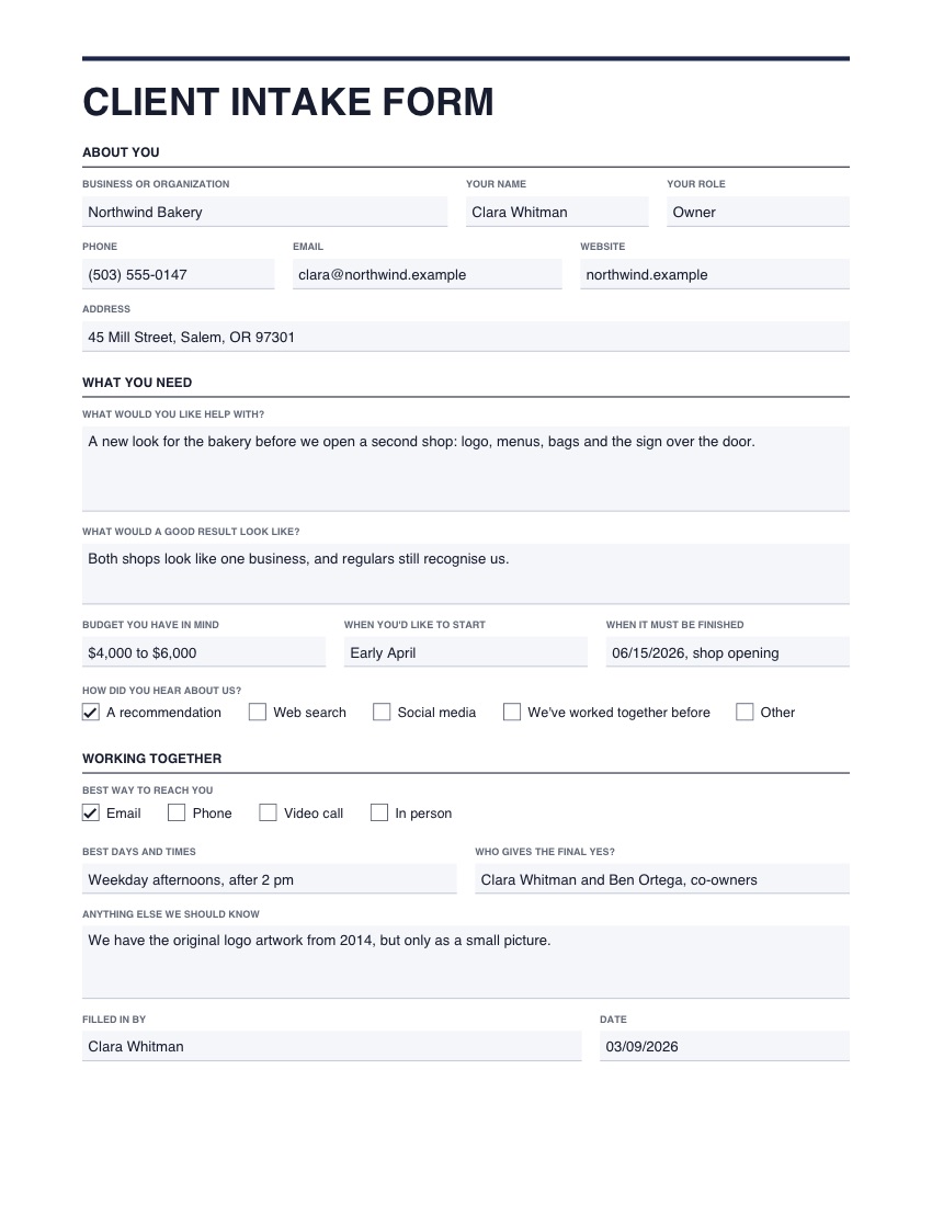 The client intake form template, filled in with example details