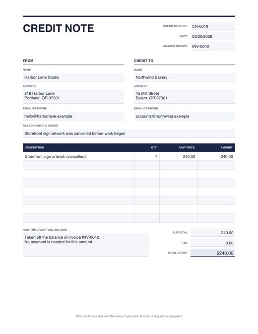 Preview of the credit note template, filled in with example details
