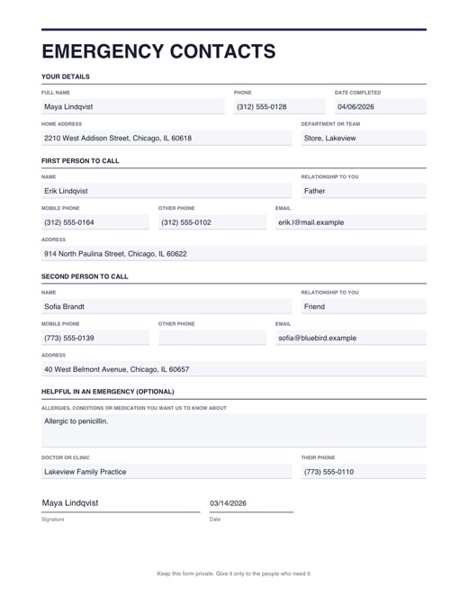 Preview of the emergency contacts template, filled in with example details