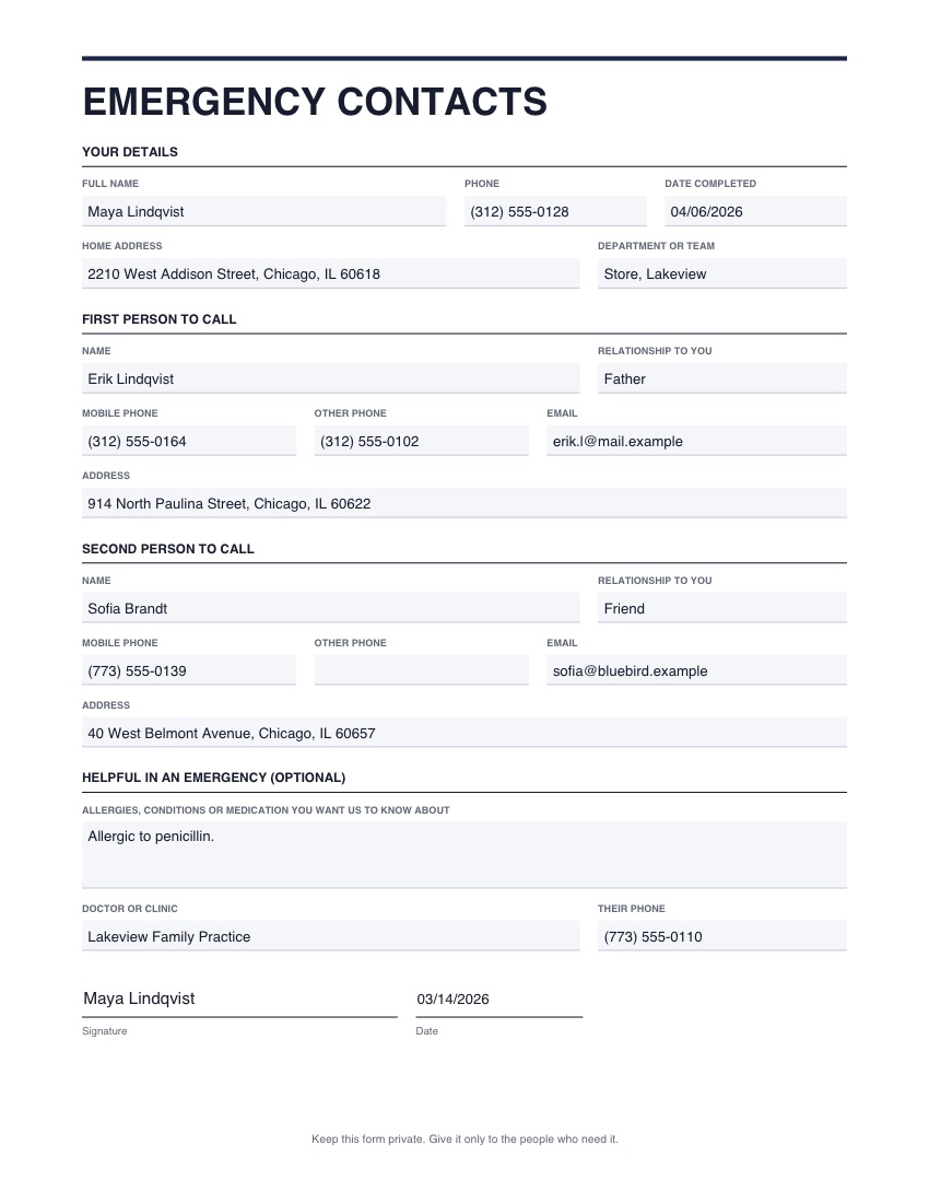 The emergency contacts template, filled in with example details