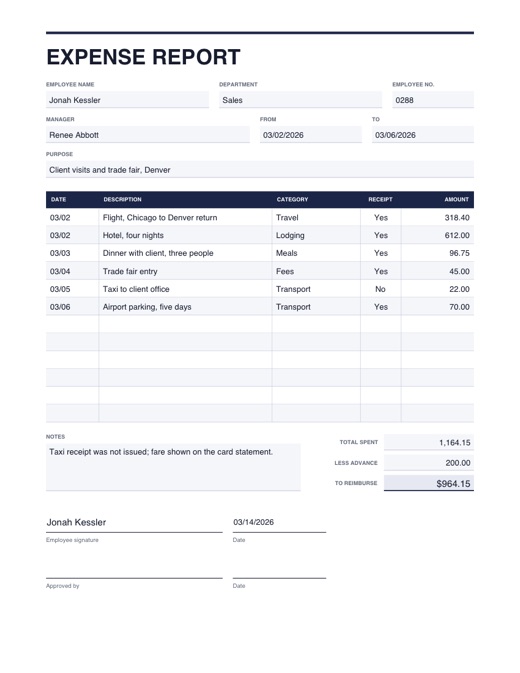 Preview of the expense report template, filled in with example details