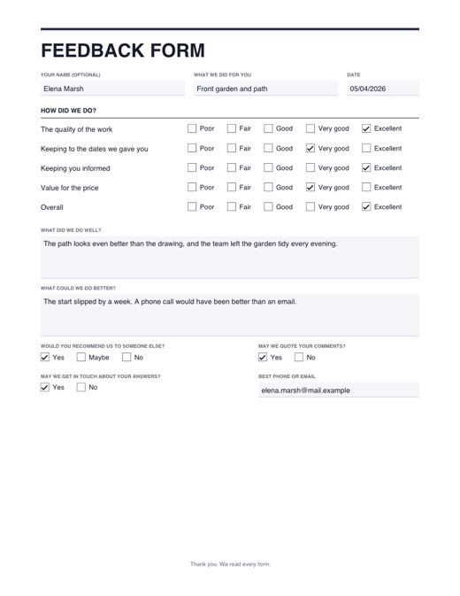 Preview of the feedback form template, filled in with example details