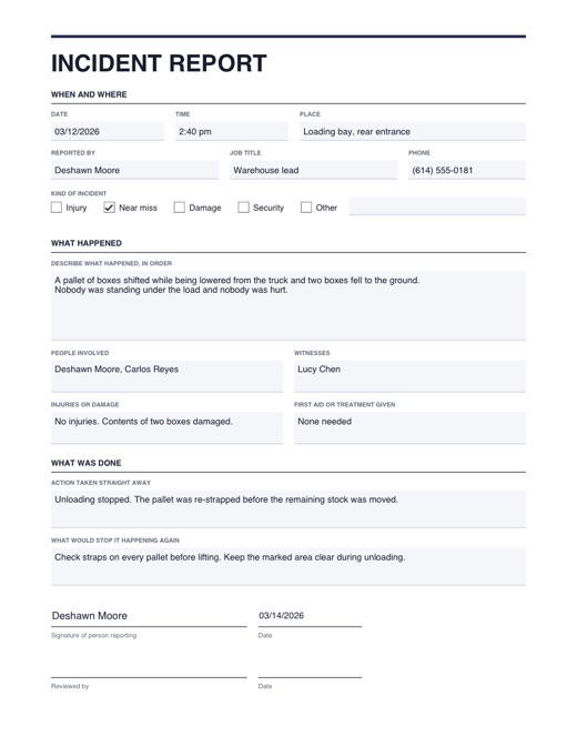 Preview of the incident report template, filled in with example details