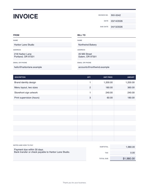 Preview of the invoice template, filled in with example details