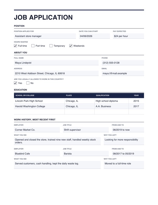 Preview of the job application template, filled in with example details