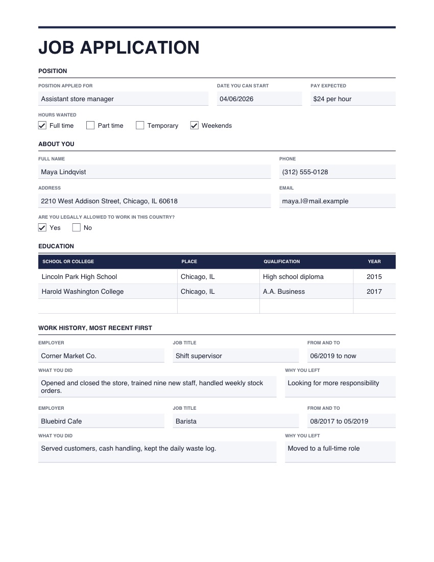 The job application template, filled in with example details
