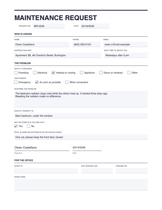 Preview of the maintenance request template, filled in with example details