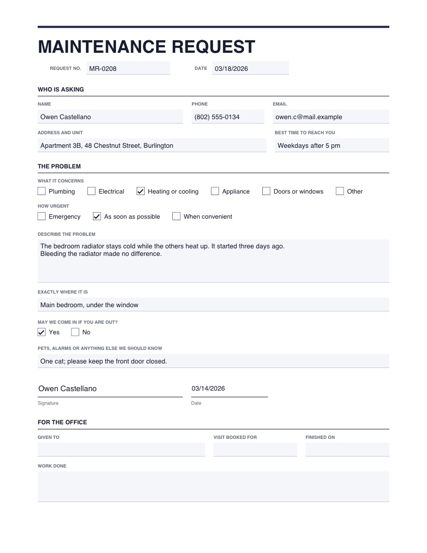 The maintenance request template, filled in with example details