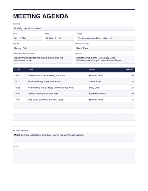 Preview of the meeting agenda template, filled in with example details