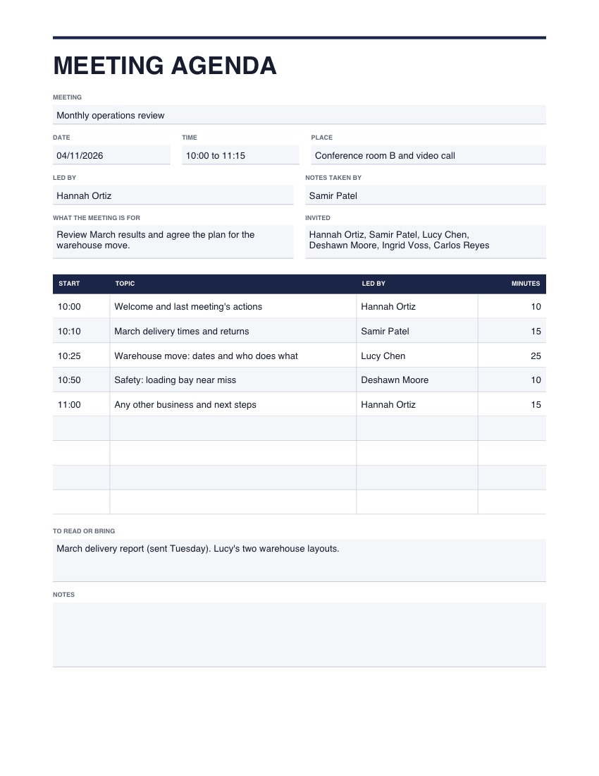 The meeting agenda template, filled in with example details