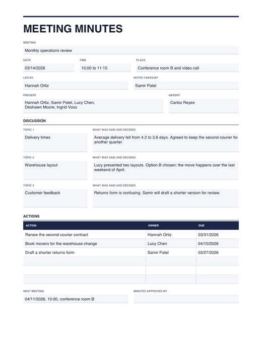 Preview of the meeting minutes template, filled in with example details