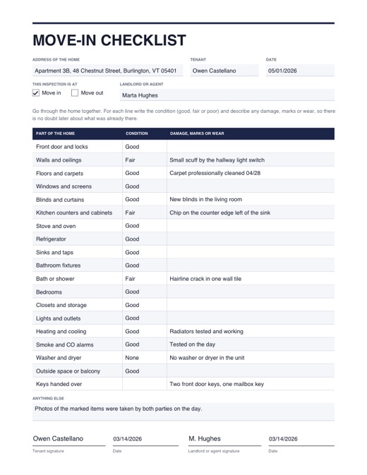 Preview of the move-in checklist template, filled in with example details