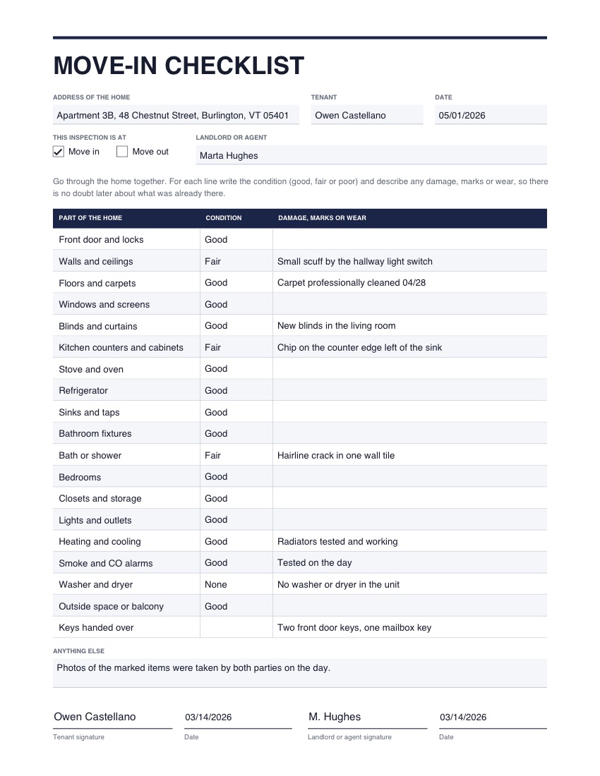 The move-in checklist template, filled in with example details