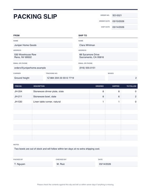 Preview of the packing slip template, filled in with example details