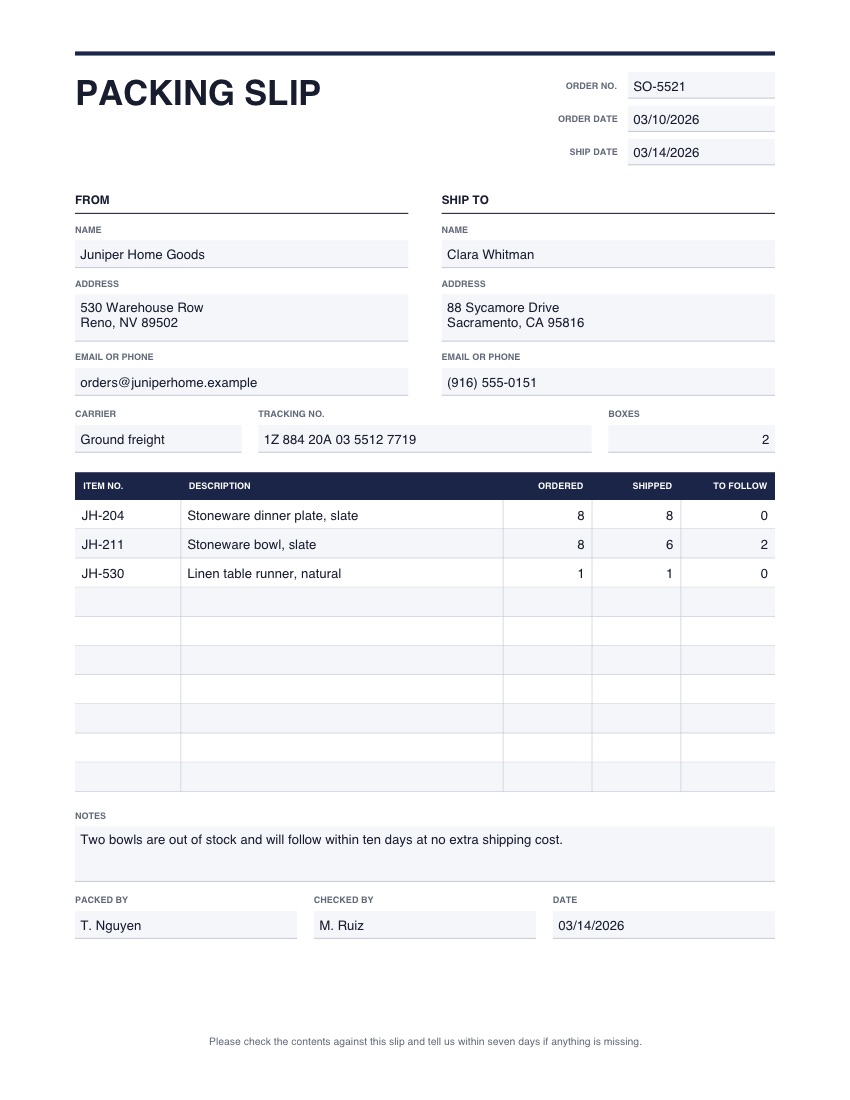 The packing slip template, filled in with example details