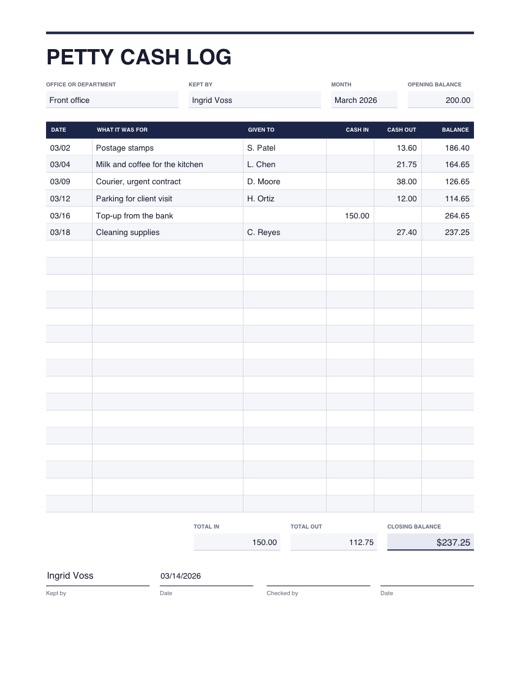 Preview of the petty cash log template, filled in with example details