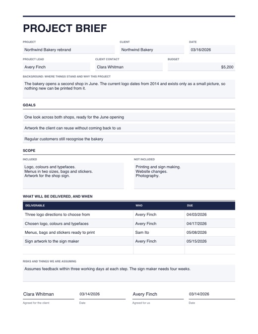 Preview of the project brief template, filled in with example details