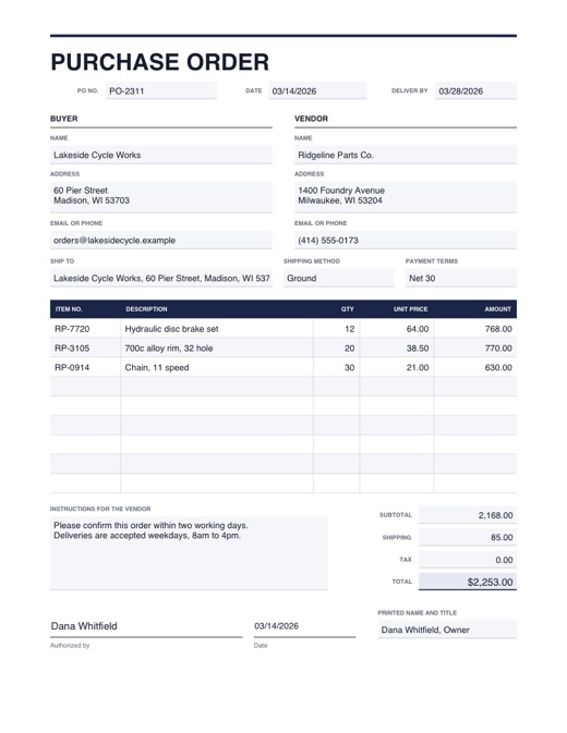 Preview of the purchase order template, filled in with example details