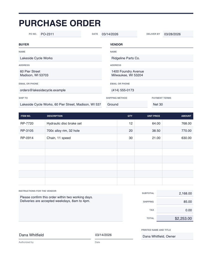 The purchase order template, filled in with example details