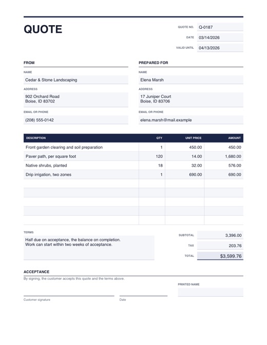 Preview of the quote template, filled in with example details