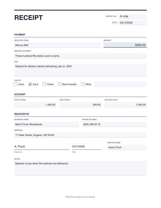 Preview of the receipt template, filled in with example details