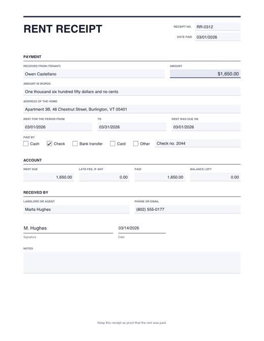 Preview of the rent receipt template, filled in with example details
