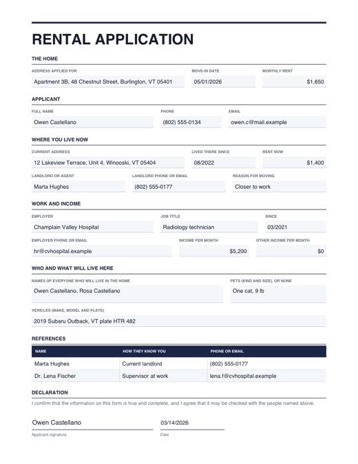 Preview of the rental application template, filled in with example details