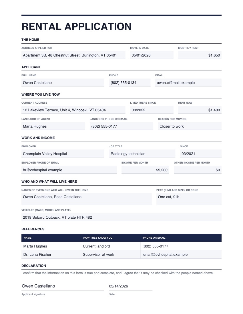 The rental application template, filled in with example details