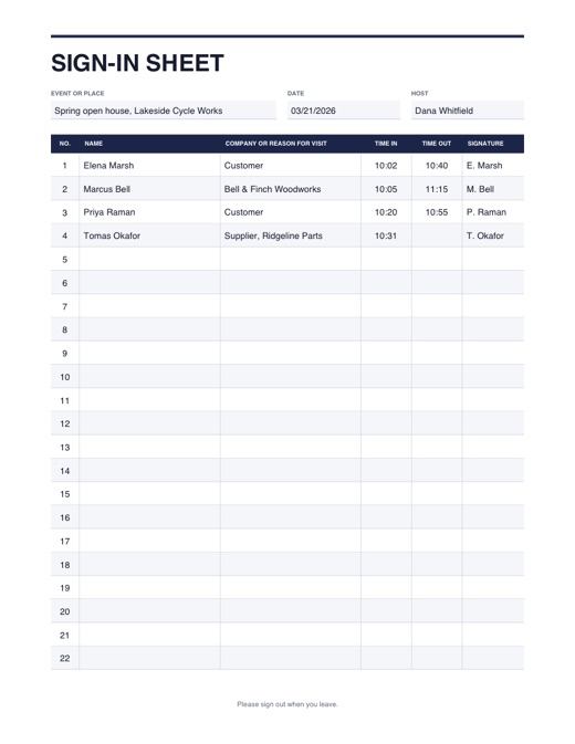 Preview of the sign-in sheet template, filled in with example details