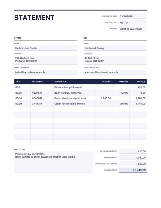 Preview of the statement template, filled in with example details