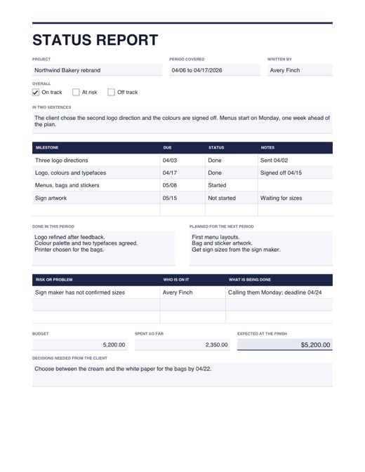 Preview of the status report template, filled in with example details