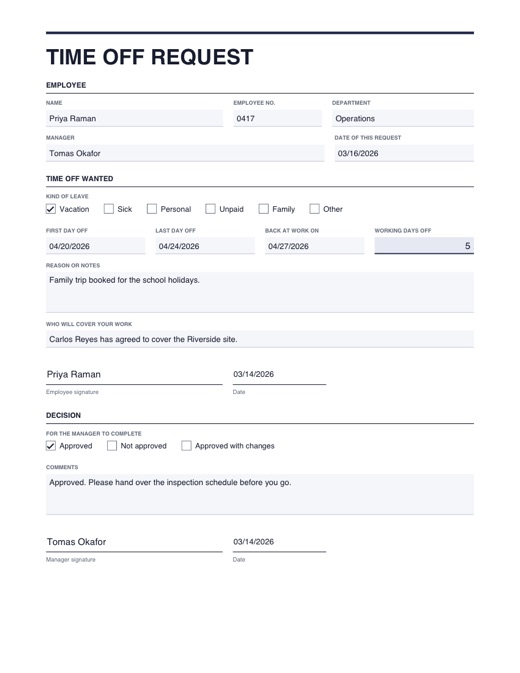 Preview of the time off request template, filled in with example details