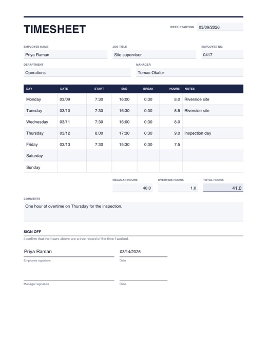 Preview of the timesheet template, filled in with example details