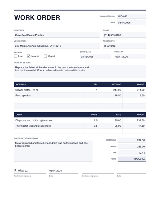 Preview of the work order template, filled in with example details