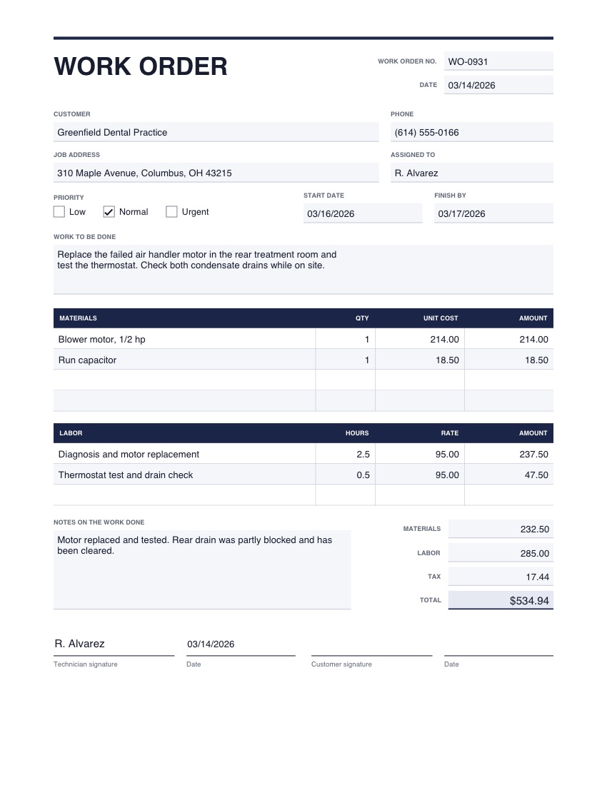 The work order template, filled in with example details